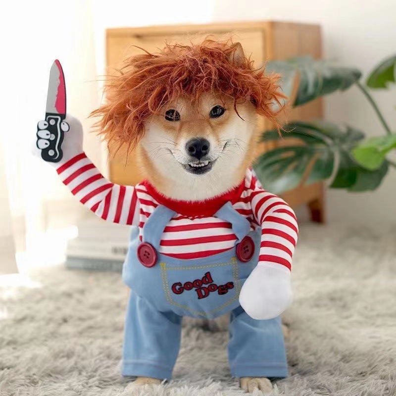 Killer Doll Style Dog Costume Striped Shirt with Overalls and Knife Accessory